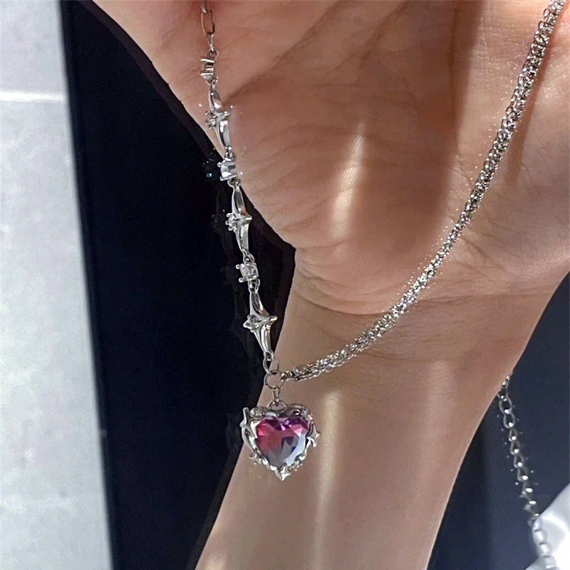 Korean Fashion Lila Kristall Herz Anhänger Halskette für Frauen Schwarz Kristall Egirl Coole Kragen Kette y2k Ästhetischen Schmuck Teil_voghion.com