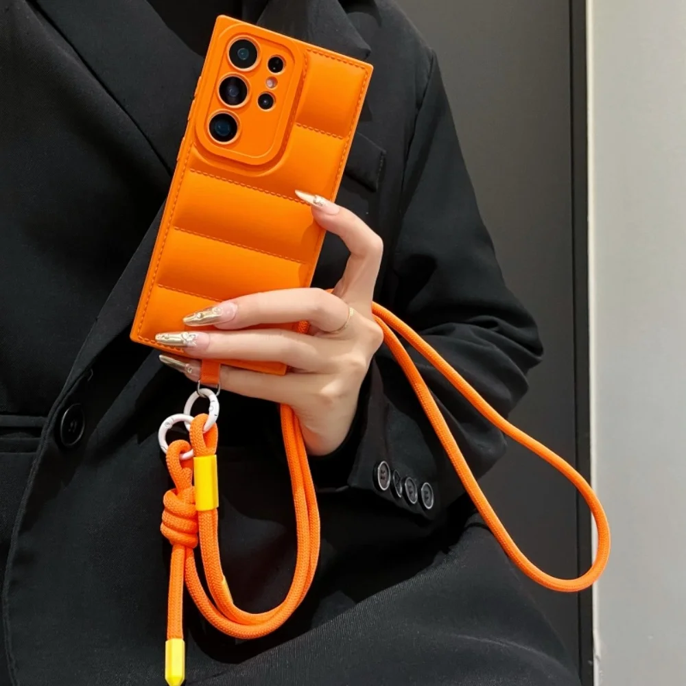 Luxury Down Jacket Crossbody Phone Case with Long Lanyard Strap Cover