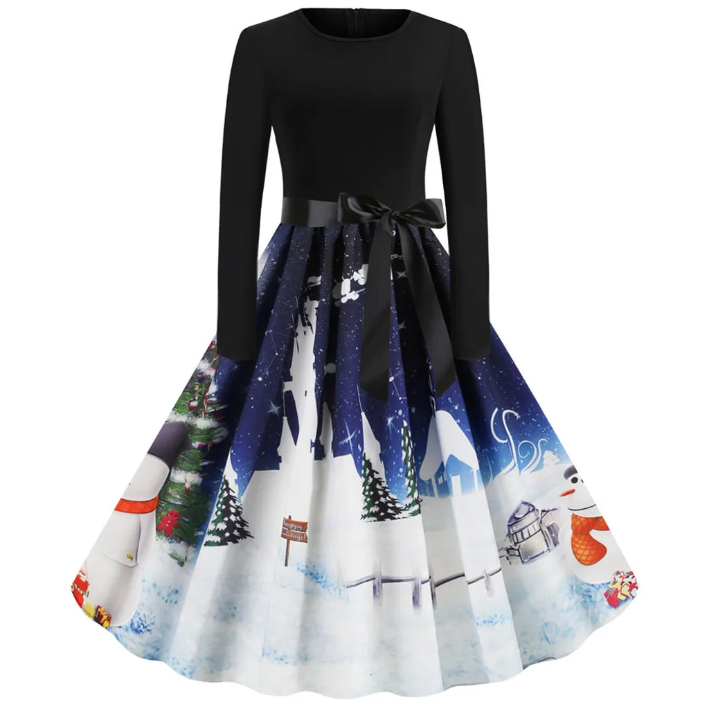 

Women Vintage Long Sleeve Christmas 1950s Housewife Evening Party Prom Dress Summer One-Piece Dress Women'S Female Clothing