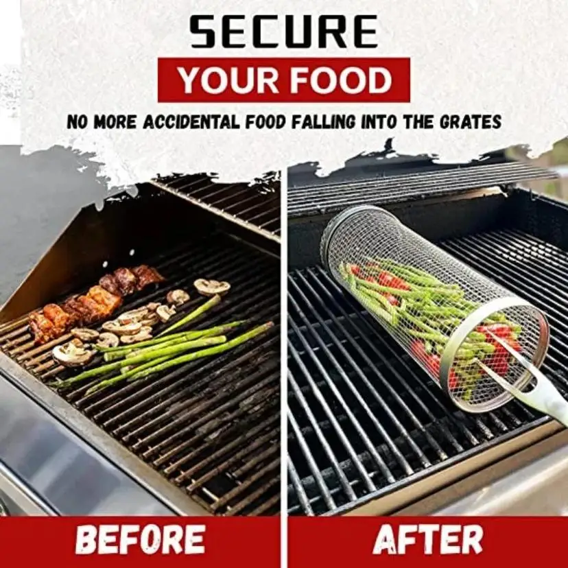 3 Pcs Rolling Grilling BBQ Basket Stainless Steel Leakproof Mesh Barbecue Rack Outdoor Picnic Camping Cylindrical BBQ Grill