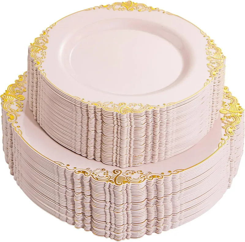 Pink plastic plates 50pc outdoor plates including 7.5-inch dessert 10.25 inch wedding and party