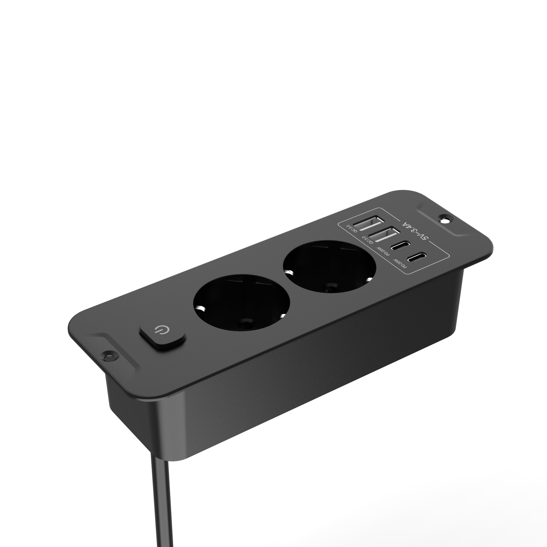 European standard desktop built-in power strip with 2/3 AC power sockets, 2 USB, 2 Type-C charging port sockets, 2m cable 250V