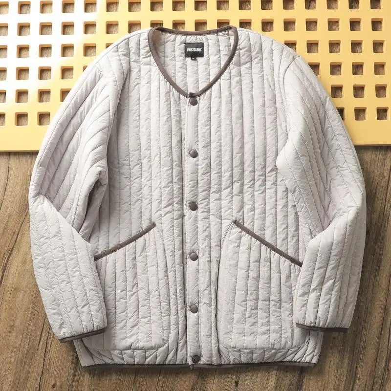 Autunno inverno Vertical Stripes Jacket uomo giapponese retrò spesso leggero o-collo grandi tasche Top Warm Stand Collar cappotto imbottito 6