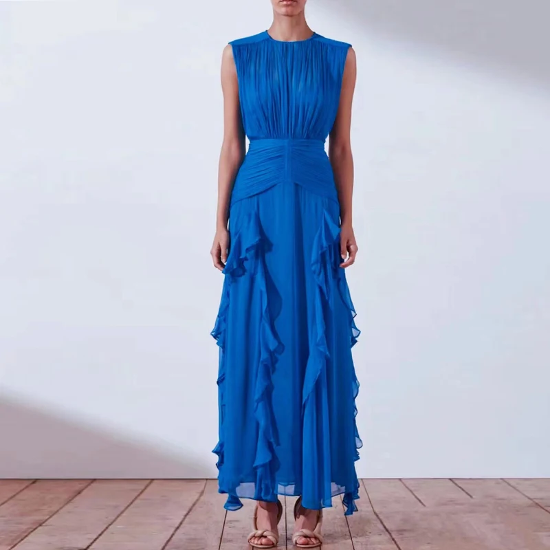 

Women Ruffles Summer Dress Maxi Sleeveless High Waist Tunic Slim Fit Casual Long Tank Dress