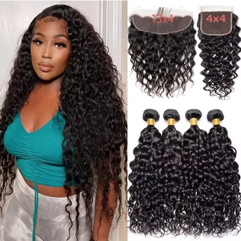 Water Wave Brazilian human hair Bundles With Closure Curly Human Hair Bundles With Lace frontal Hair Extensions For Women 1