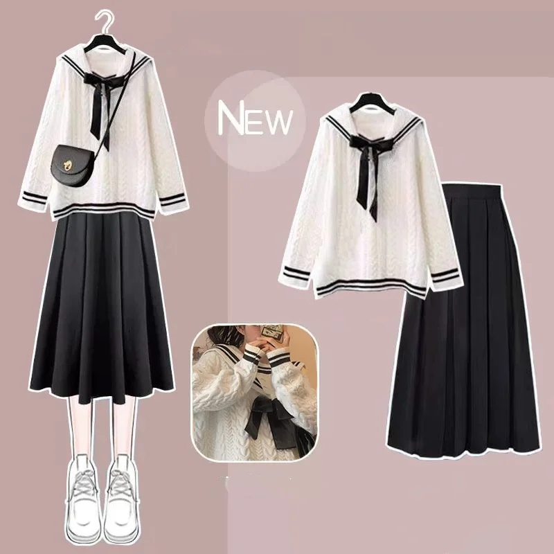 

Женский костюм из двух предметов, свободный синий свитер с воротником и юбка с высокой талией в Корейском стиле, Осень-зима