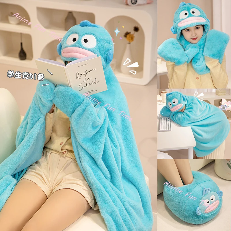 

Новинка, шаль с капюшоном Sanrio Hangyodon, пончо, теплая обувь, плюшевая шапка, шарф, перчатки, милый одеяло в подарок