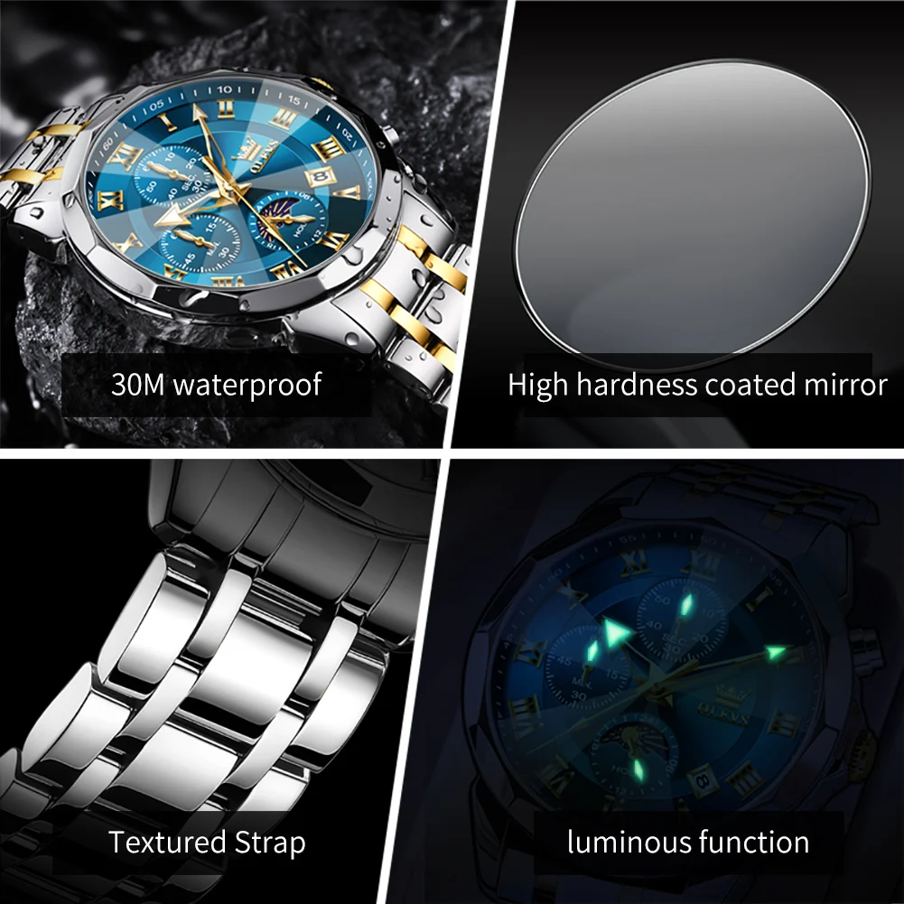 OLEVS 3675 Man Watch Rhombus Mirror Date Quartz Watch For Men 43mm Big Dial Chronograph Waterproof Moon Phase Luxury Wristwatch