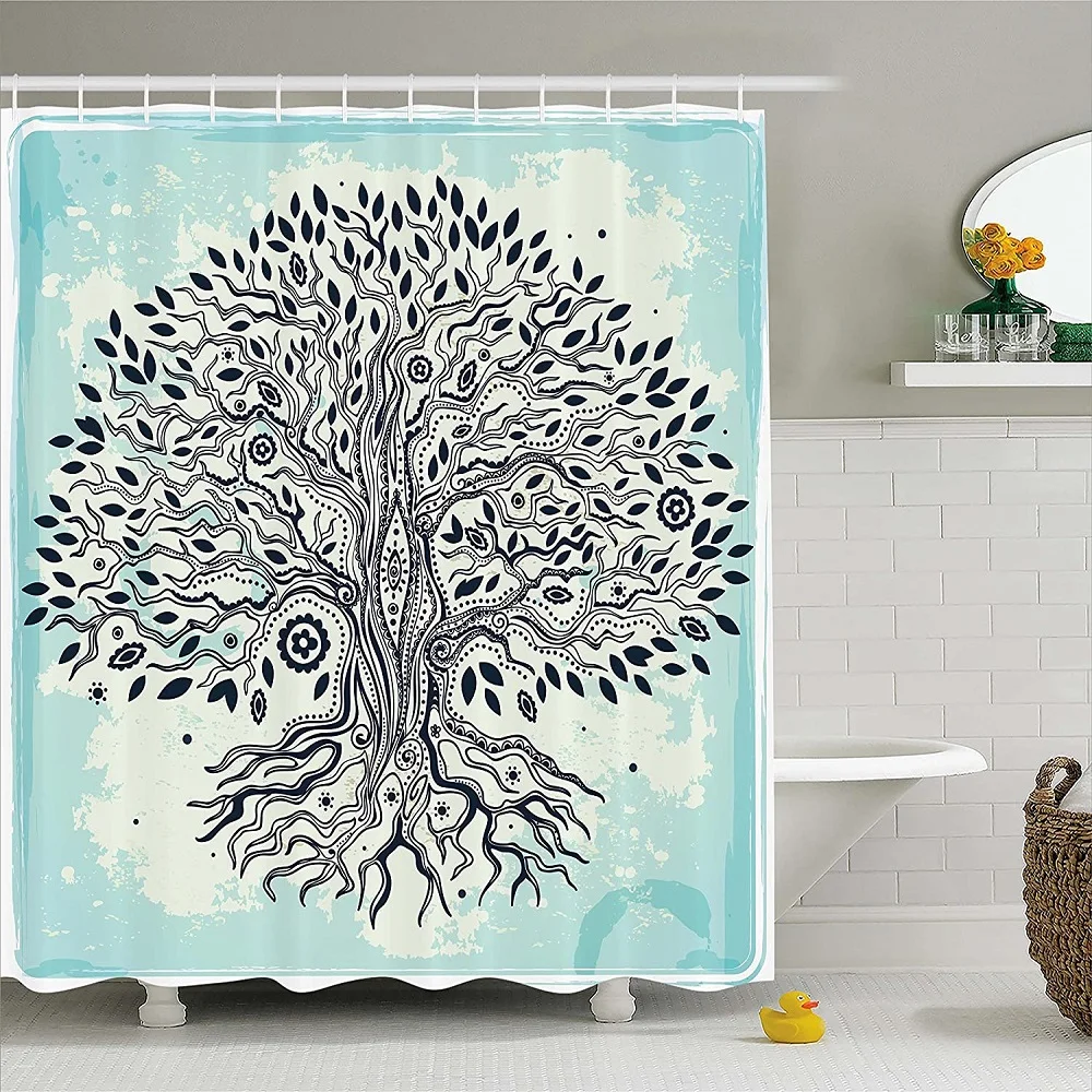 Bathroom Shower Curtain Liner Oriental Bonsai Tree Waterproof Fabric Hooks 180cm 