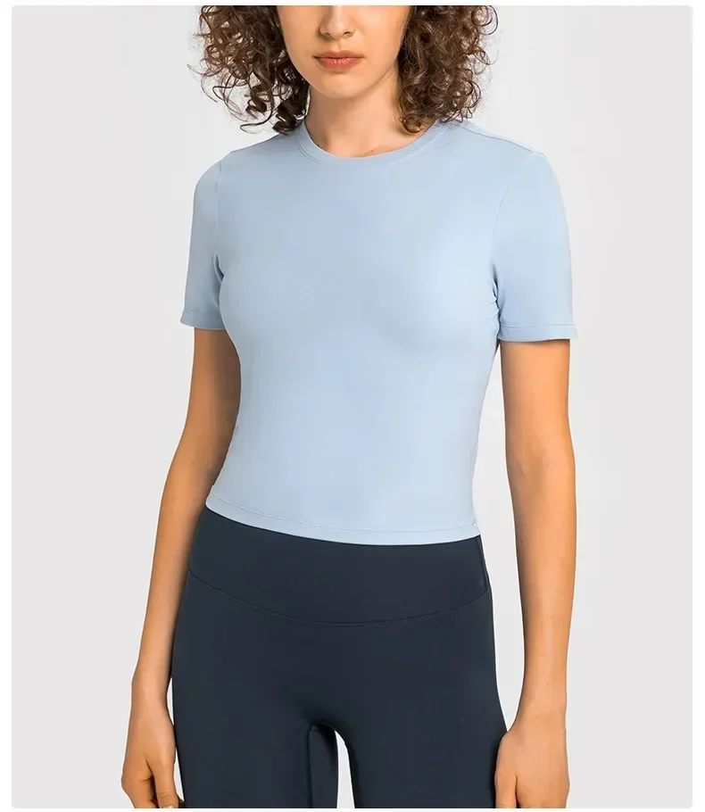 

Solid Color Summer Stretch Fit Gym Workout Shirts Women Short Sleeve Plain T-shirts Buttery Soft Yoga Athletic Crop Top 2024 New