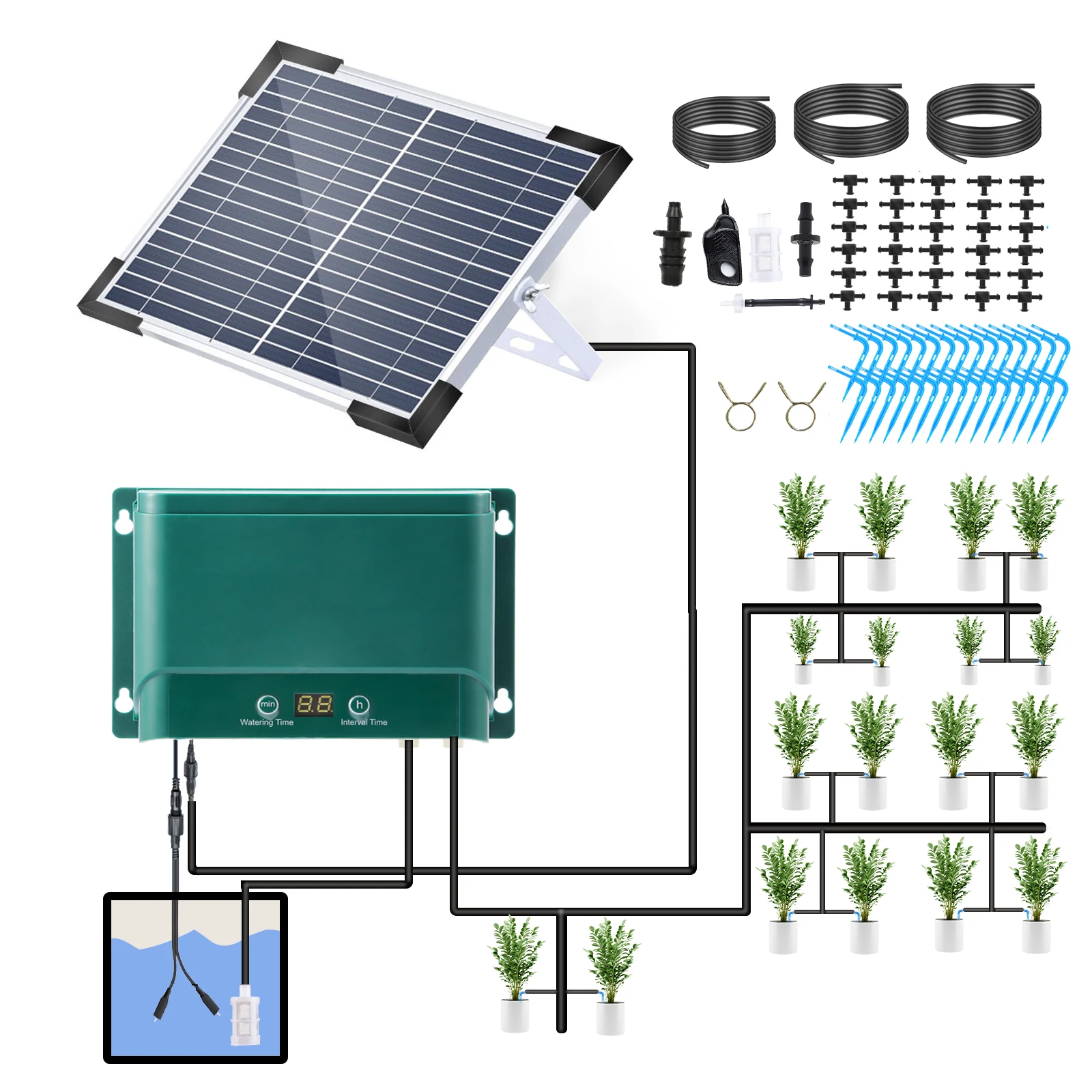 

Solar Automatic Drip Irrigation Kit 7 Timing Modes 30 Watering Modes for Garden Beds Patio Lawn Plants Greenhouse Flower