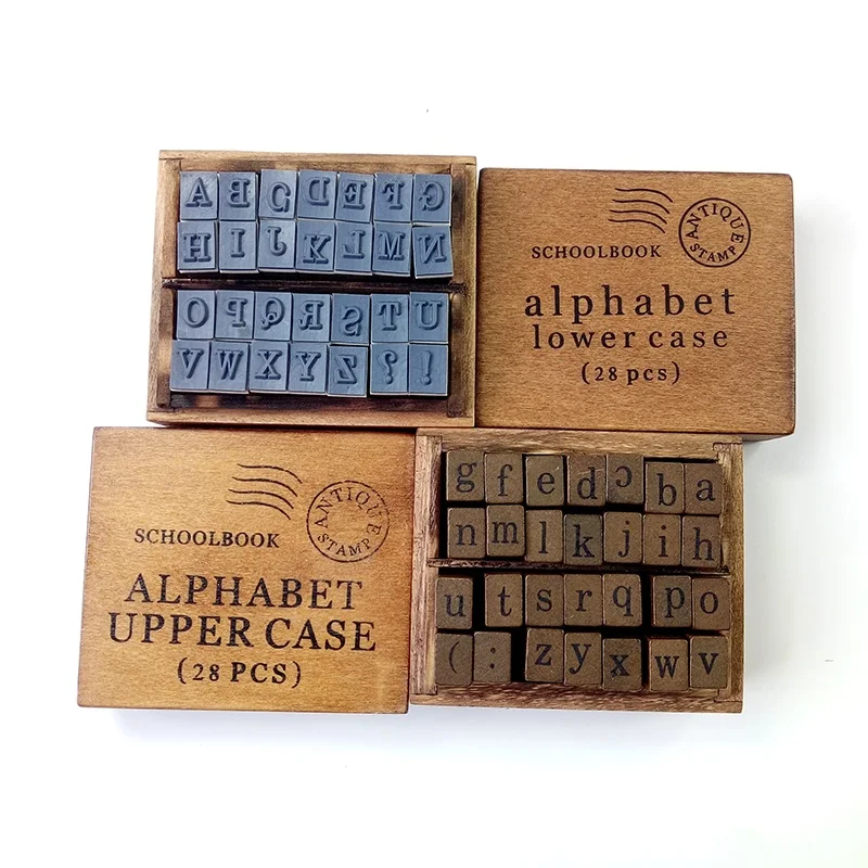  Sellos de goma con letras de madera, juego de sellos de goma  del alfabeto vintage con pequeña caja de madera para enseñar y jugar : Arte  y Manualidades