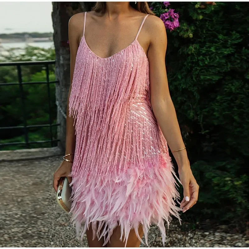 

Sequins Tassel Feather Spaghetti Strap Dress Women Fashion Sexy Stitching Mini Dresses Ladies Evening Party Club Elegant Dress