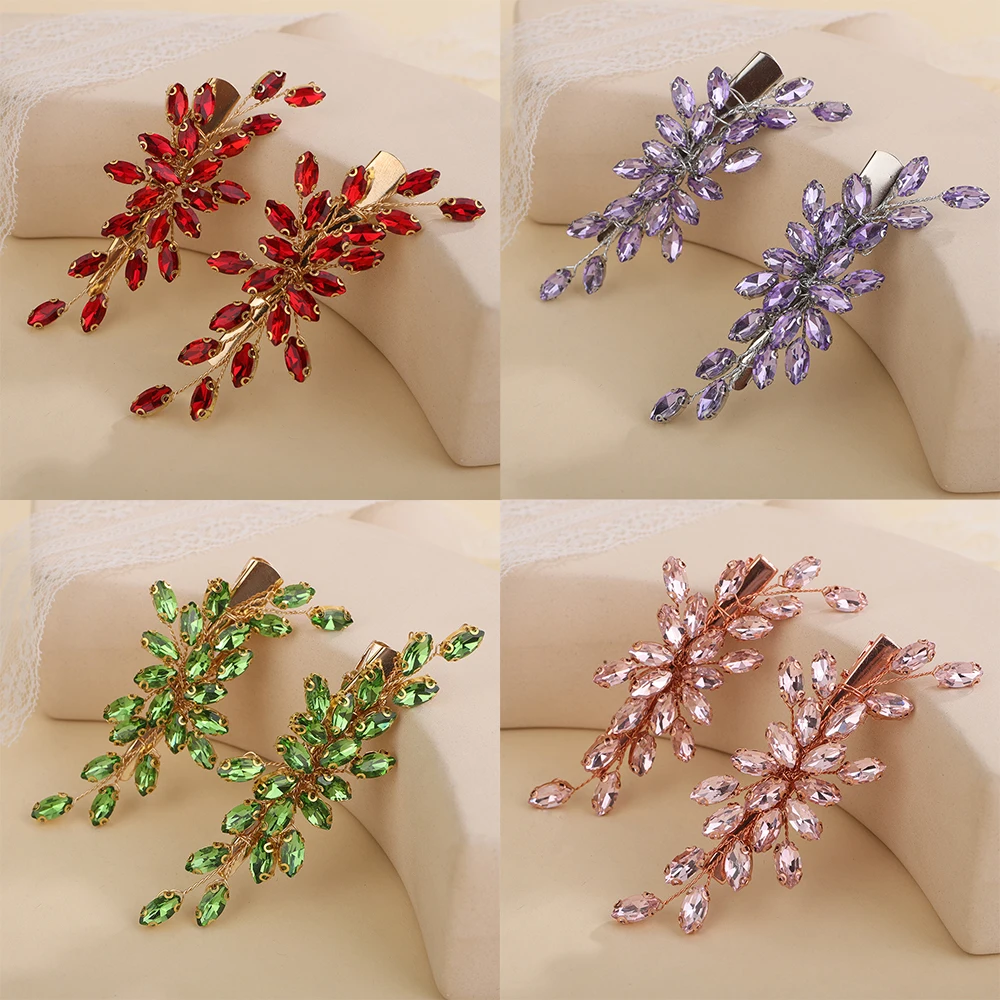 2PCS Rhinestone Hair Clip for Wedding Bridal Headpiece Silver Black Bride Hair Accessories Green Red Tiara Blue Purple Ornaments hair accessories bridal hair accessories