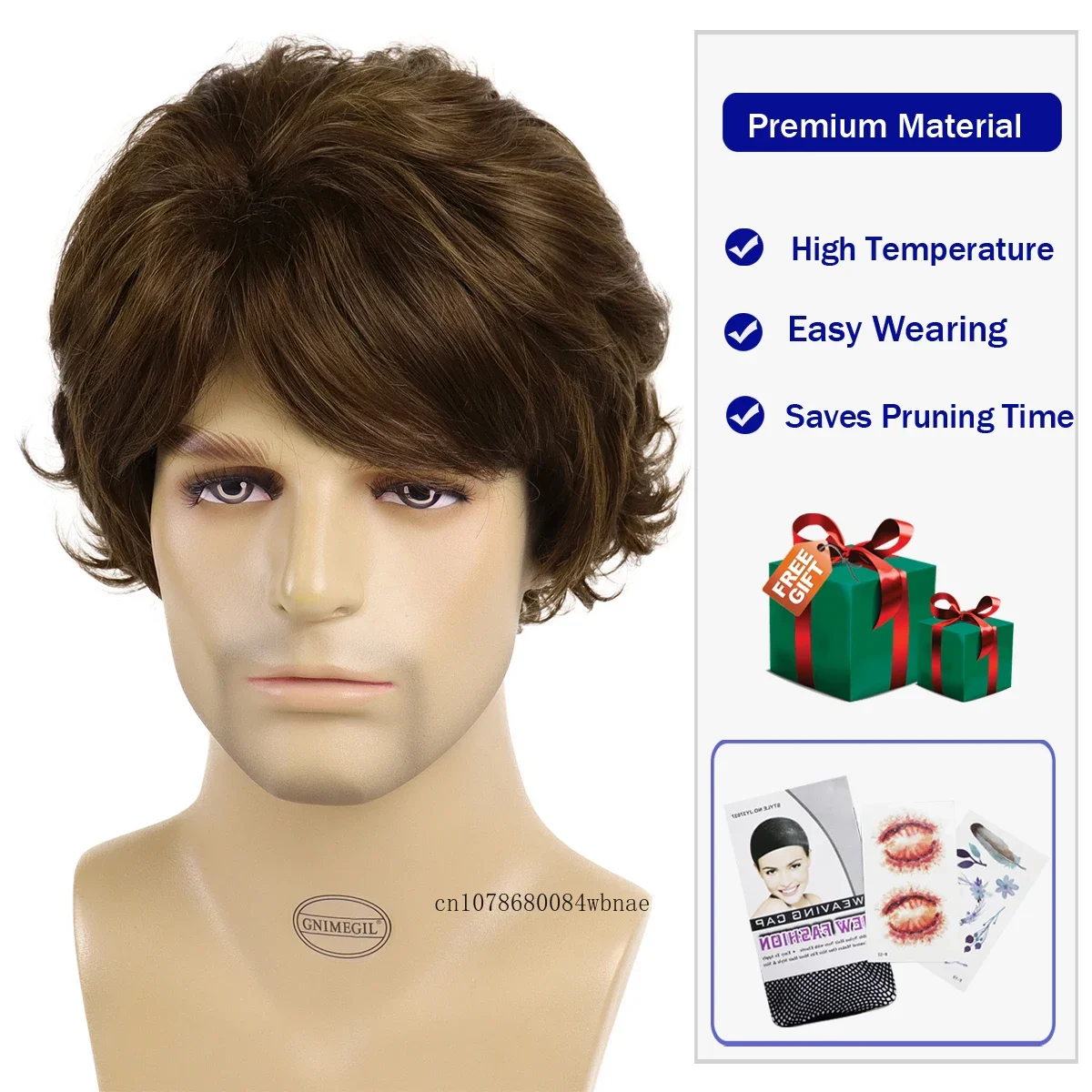 Short Brown Wigs Natural Synthetic Hair Fluffy Layered Curly Wig with Bangs for Men Male Halloween Cosplay Costume Daily Use