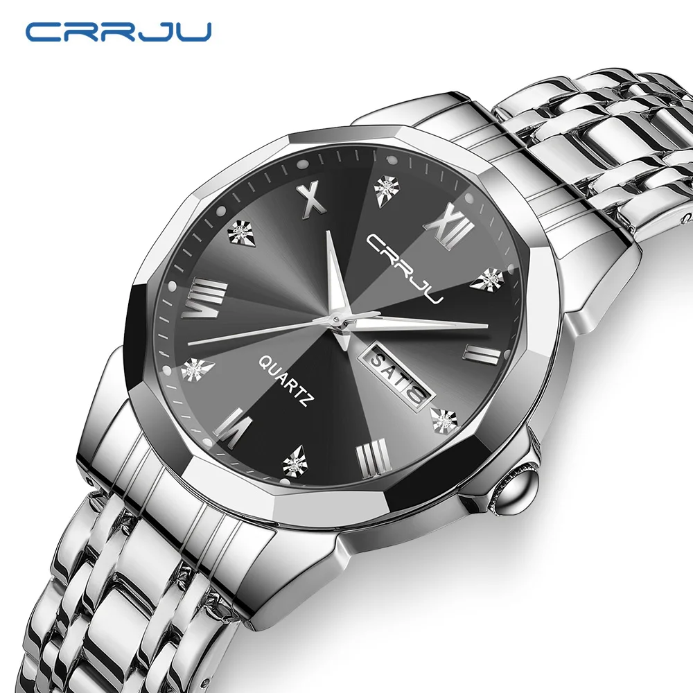 CRRJU Luxury Men Quartz Watch Waterproof Date Week Luminous Wristwatch Stainless Steel Men's Watches Male Clock Sports Reloj