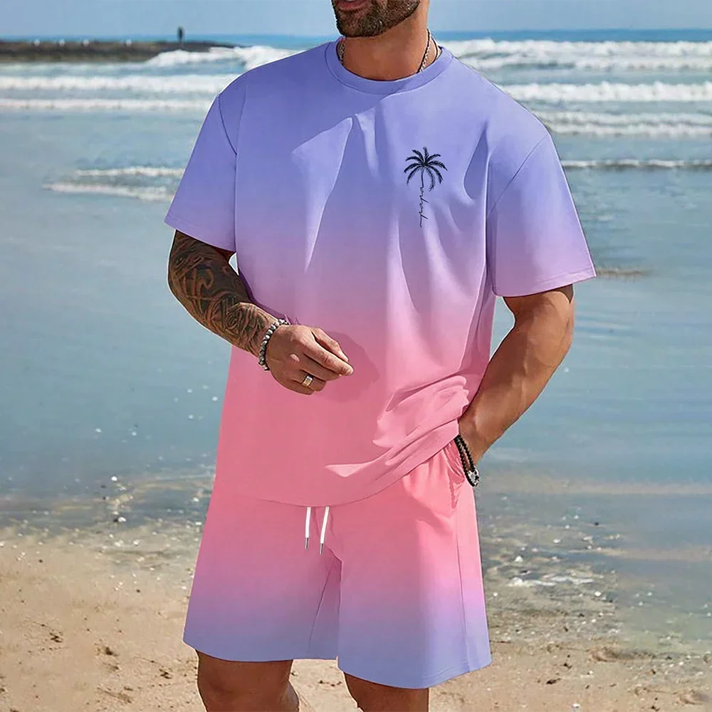 Hawaiian Set European And American Trendy Beach Short Sleeved Shirt Men S Dopamine Beach Casual Shorts Set Soft And Comfortable 2