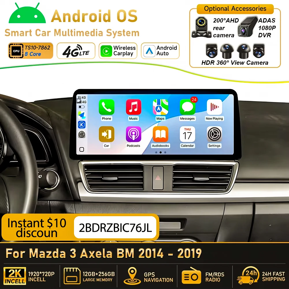 Radio para Auto Android 16 de 12.3 Pulgadas para Mazda 3 Axela BM 2014-2019, Carplay Inalámbrico, Android Auto, Reproductor Multimedia, GPS, 5G 1
