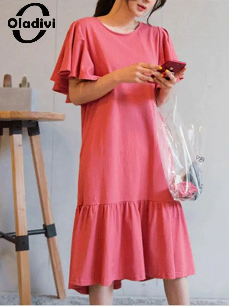 

Oladivi XL-5XL Short Ruffle Sleeve Solid Dresses for Women Large Size Clothes Casual Loose Summer Dress Female Vestidio STK 6632