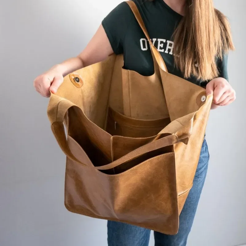 

Rretro Handmade Big Beach Tote Bag High Capacity Zipper Shoulder Solid Color Multifunction Handbags for Ladies