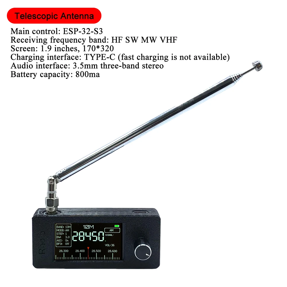 Radio Portatile SI4732 AM/FM Con Schermo IPS 1.9" - Riceve Banda Completa 0.5-108 MHz, Batteria 800 MAh, Include Cuffie