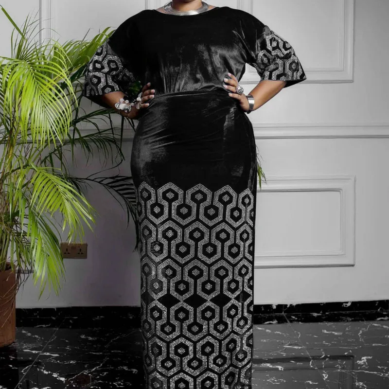African Dress New Fashion Velvet Stone Long Dress Big Elastic Long Dress african traditional attire Africa Clothing