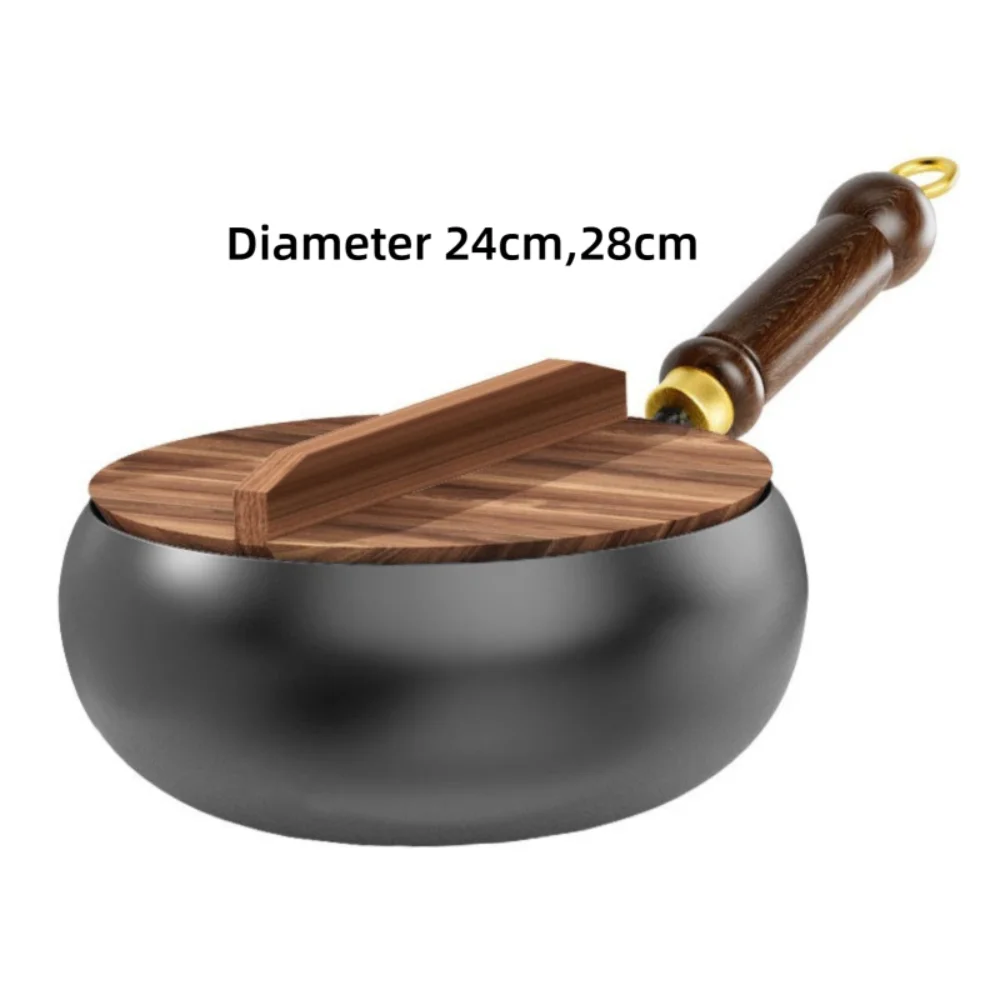 High Quality Hand Forging Cast Iron Pot with Wooden Lid Frying Pan NonStick Uncoated Big Belly Pot Skillet Chinese Wok
