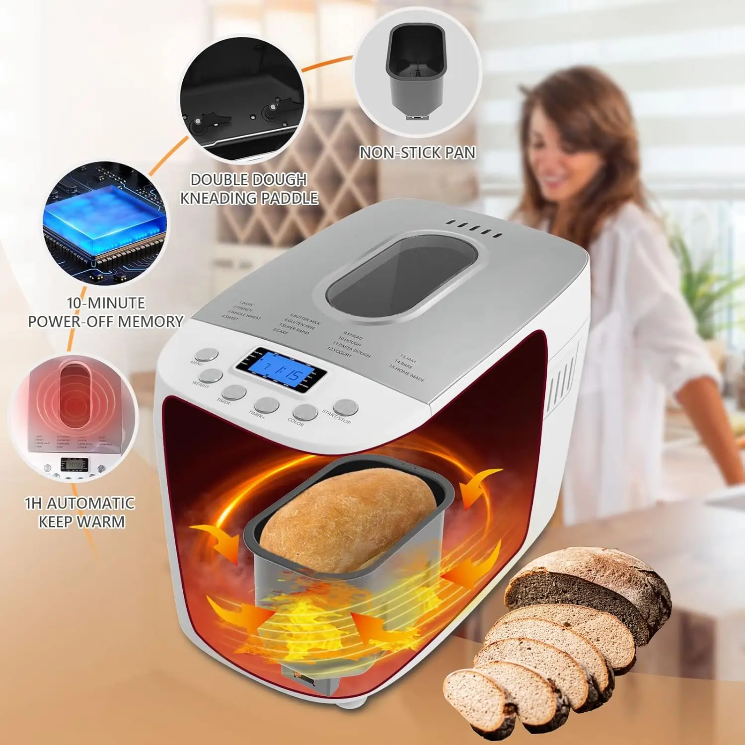Bread Maker Machine 3.3LB Dough Maker,15-in-1 Automatic Bread Machine Maker with Nonstick Bowl, Jam& Yogurt