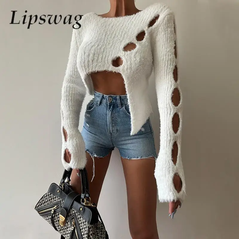 

Casual Long Sleeve Women Knitted Jumper Fashion Solid O Neck Irregular Tops Sweaters Sexy Hollow Out Button Design Plush Sweater