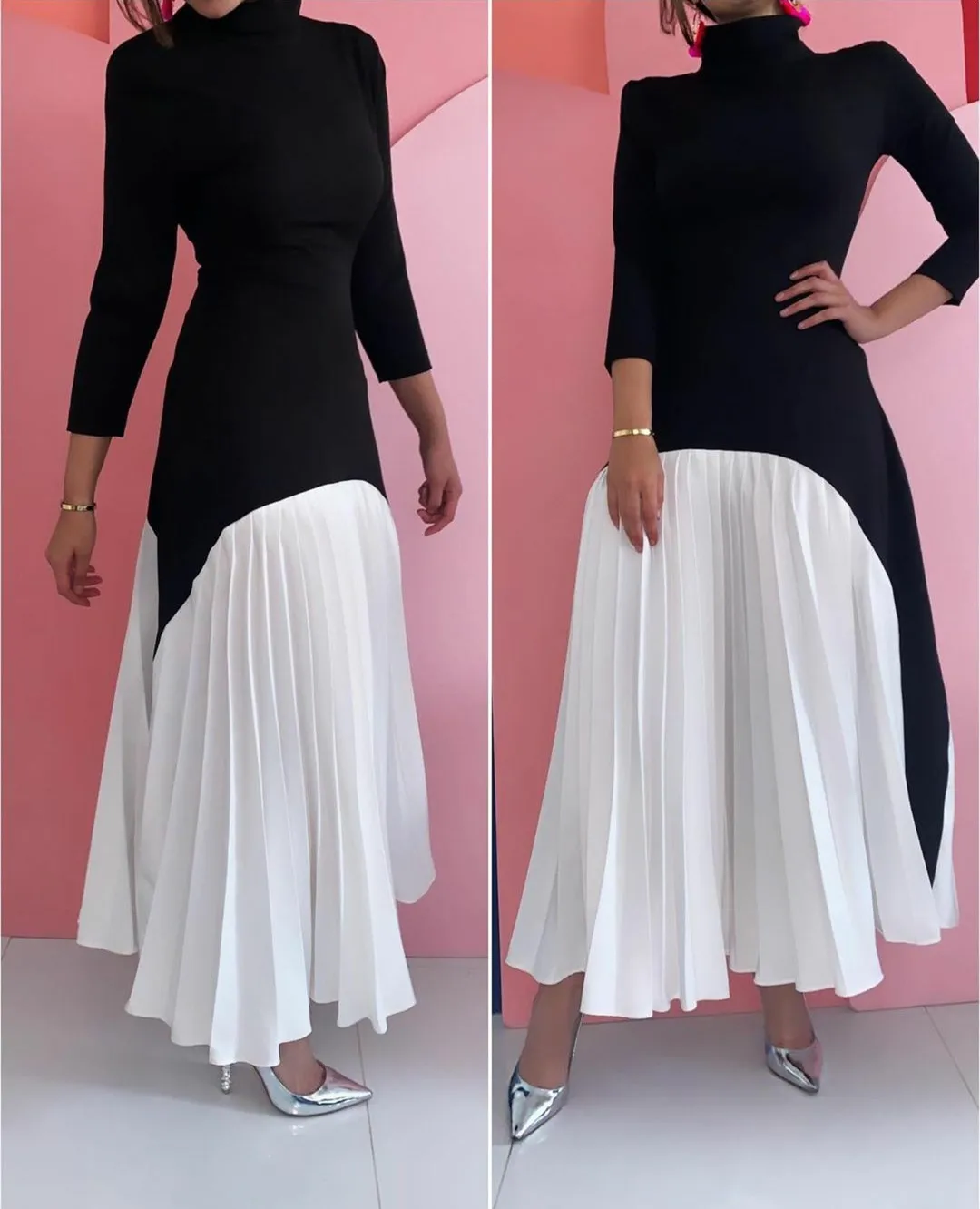 

Vintage Short Crepe High Neck Ruched Evening Dresses A-Line Muslim Ankle Length Prom Formal Party Dress With Sleeves for Women