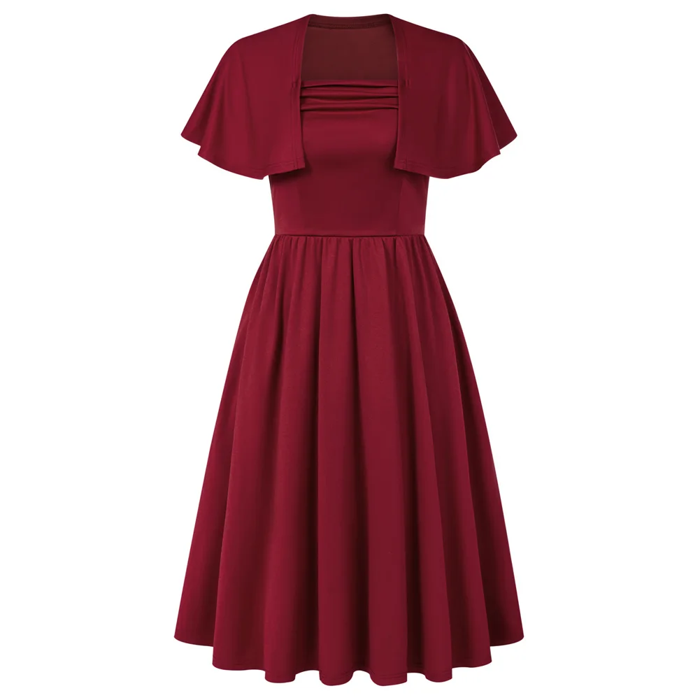BPWomenVintage1950sSquareNeckDressCapeSleeveElasticWaistMidi