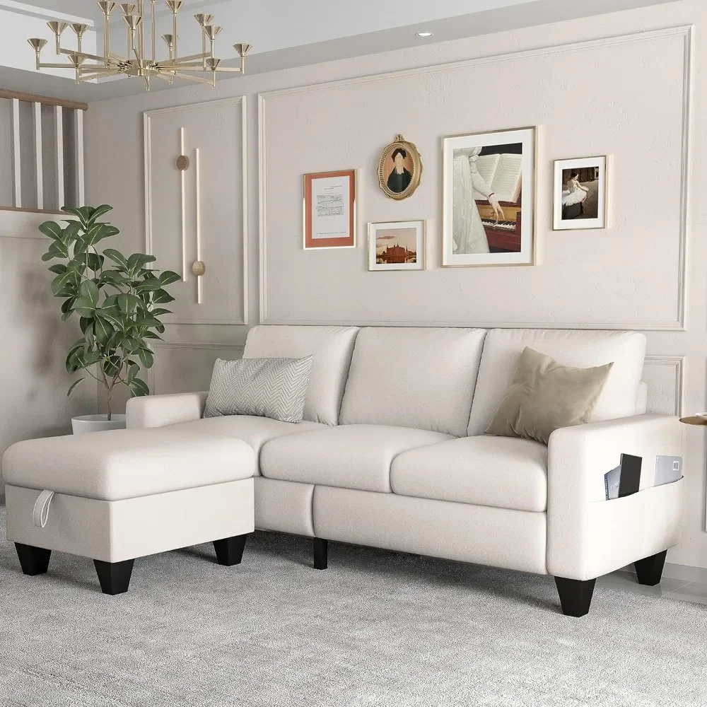 

Living Room Sofa,Beige Linen Modern 3 Seater L Shaped Upholstered Furniture,Reversible Footrest with Storage Sofa