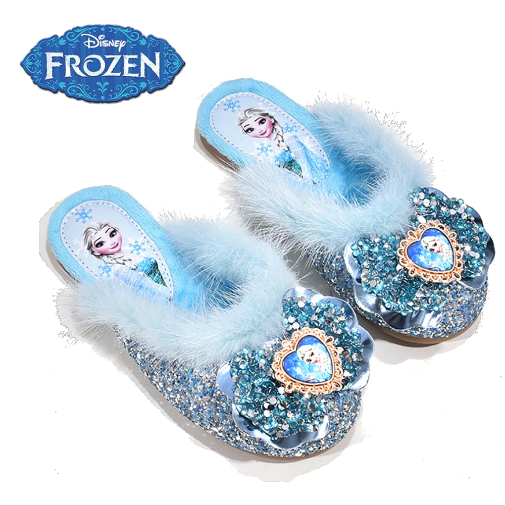 Disney New Girls Shiny Slippers Kids Cartoon Frozen Elsa Bowknot Adornment Casual Shoes For Children Fluffy Cotton Shoes Winter