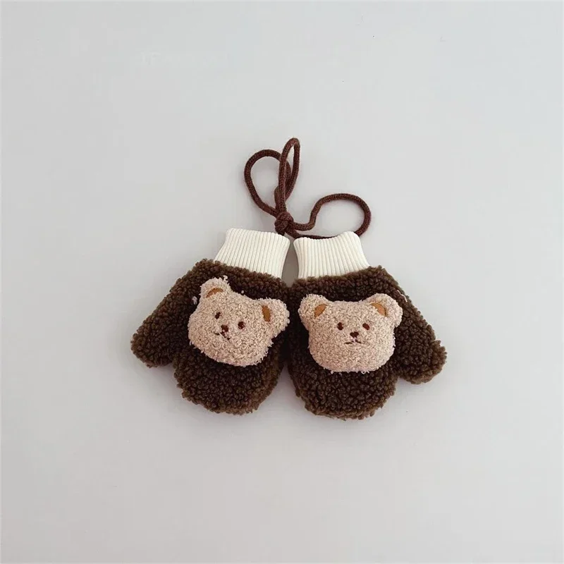 Thicken Lamb Wool Warm Boys Girls Baby Gloves Winter Children Full Finger Gloves with Ropes Kid Cartoon Bear Snow Outdoor