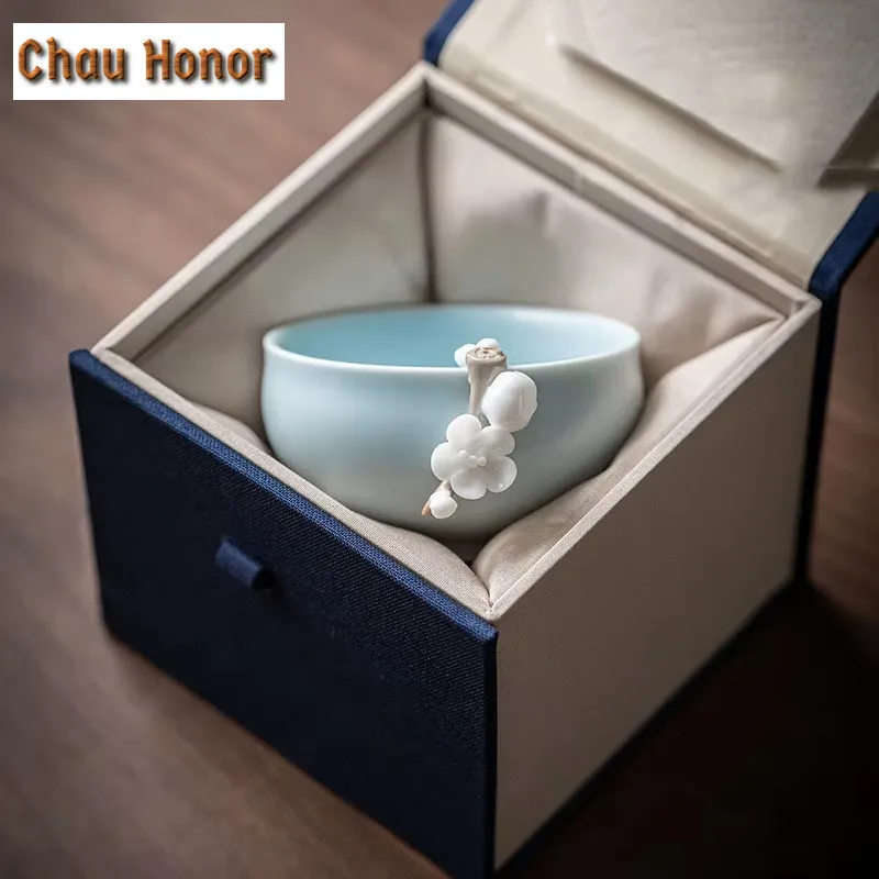 Boutique Azure Ru Kiln Tea Cup Handmade Knead Plum Blossom Ceramic Kung Fu Tea Ceremony Customized Drinkware Gift Box Packaging