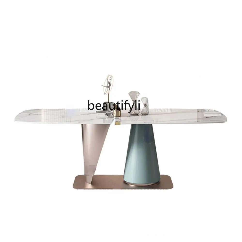 

Light Luxury Bright Surface Stone Plate Small Apartment Dining Table and Chair Villa Modern Simple Rectangular Dining Table