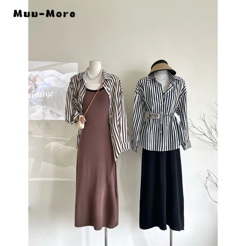 

Осень 2023 г., сексуальная клубная одежда, стильная блузка в полоску, топ + облегающие платья на бретелях, Привлекательный комплект из двух предметов