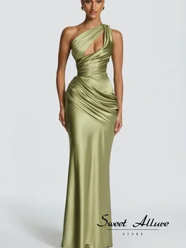Women Green Ruched Elegant Satin Maxi Dress Mermaid One-shoulder Cutout Slim Fit Flowy Vestido 2026 Lady Summer Evening Vestidos