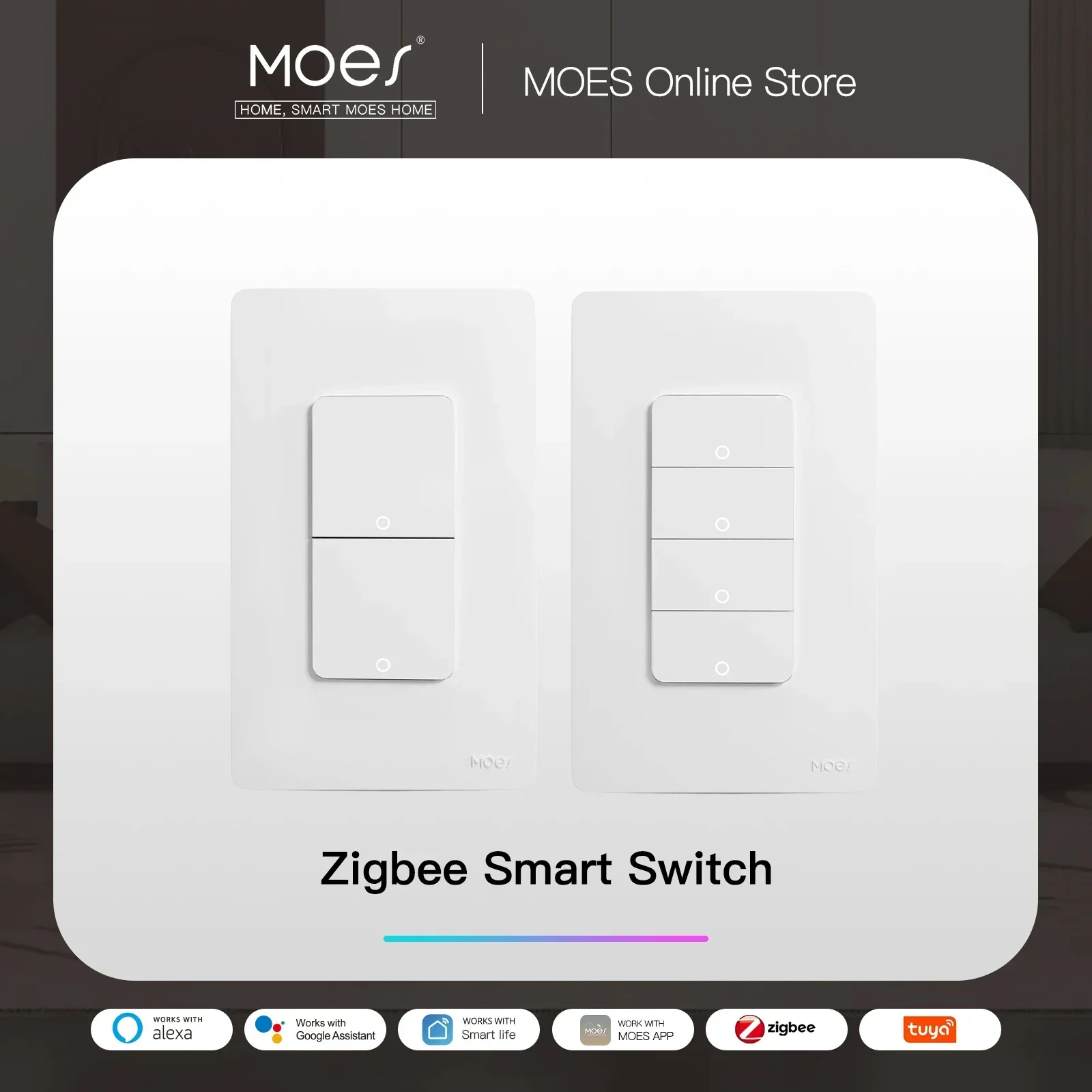 Moes-interruptor de Luz Inteligente Botão Eua Interruptor de Parede Trabalhar com Alexa Google Home Nenhum Fio Neutro Necessário Tuya Zigbee