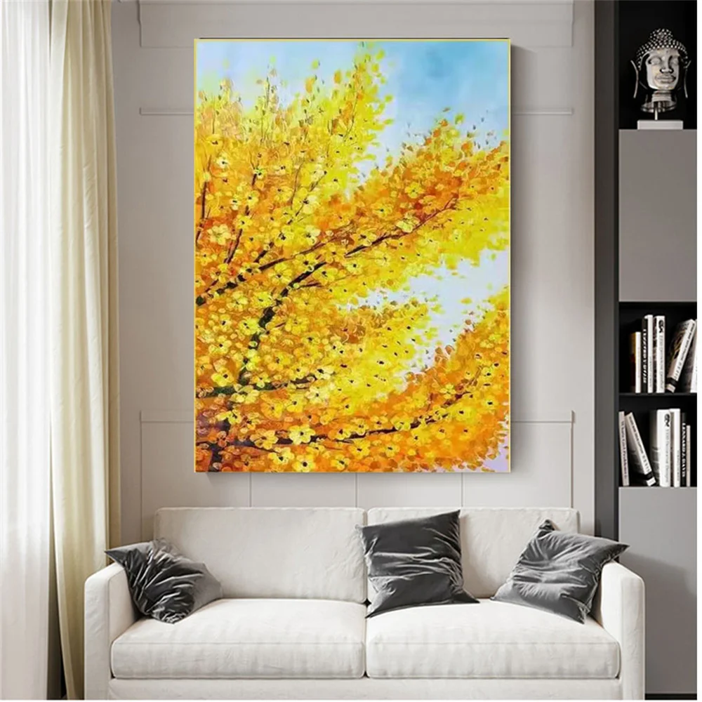 

Pure Hand-Painted Golden Flowers Canvas Wall Art Landscape-Flowers Abstract Oil Painting Modern Home Living Room Study Porch