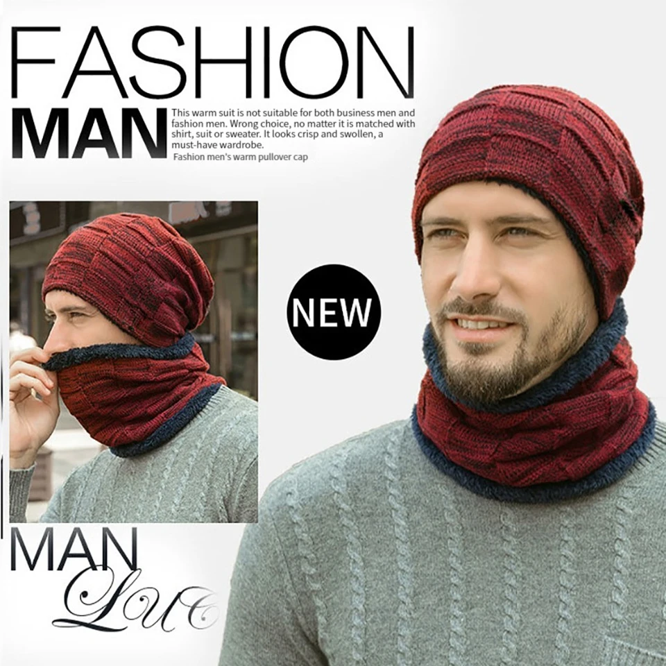 KoKossi Winter Hat Cover Headband Scarf Set With Thick Velvet Soft Windproof Cold Resistant Woolen Hat Warm Men Knitted