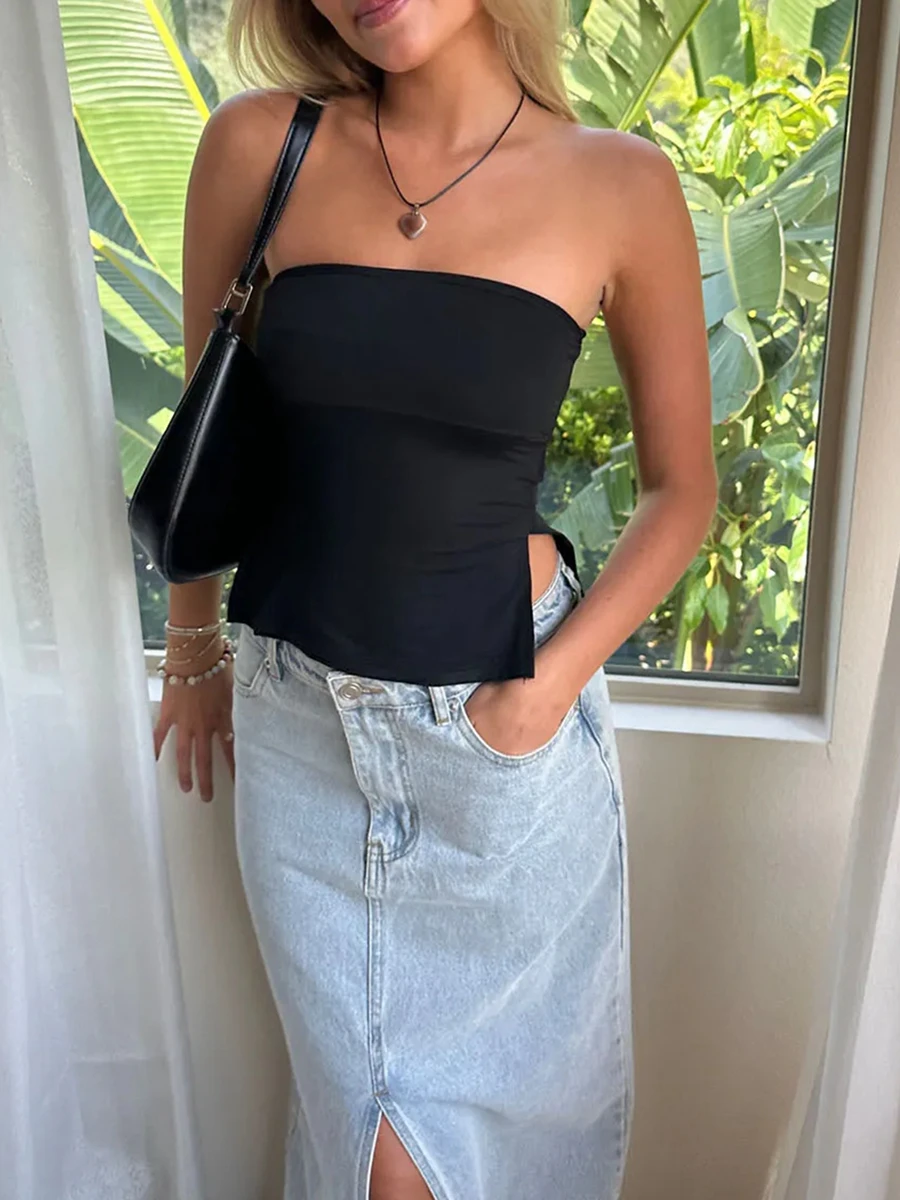 Roylia Camiseta Sin Tirantes De Mujer De Unicolor Con Pliegues Y Encaje
