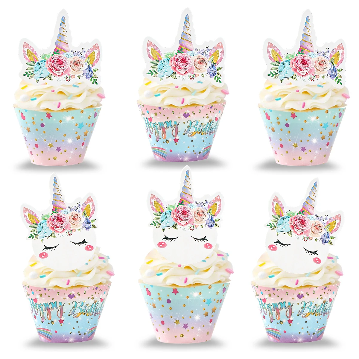 Unicorn Birthday Cake Decorations Rainbow Unicorn Cupcake Wrappers Cake Topper For Kids Birthday Wedding Decor Baby Shower Favor - View #3