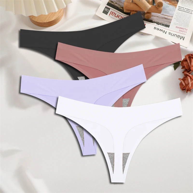 thumbnail image 1 of FINETOO-ropa interior de satén de seda sin costuras para mujer, tangas de cintura baja, Bikini Sexy de Color sólido, lencería íntima elástica, 4 piezas, 1 of 5