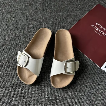 ⁦Comemore Flat Slippers Casual Shoes Fashion Leather Buckle Beach Slides Flip Flop White Yellow Round Toe Summer Women Sandals43⁩ – תמונה ⁦6⁩