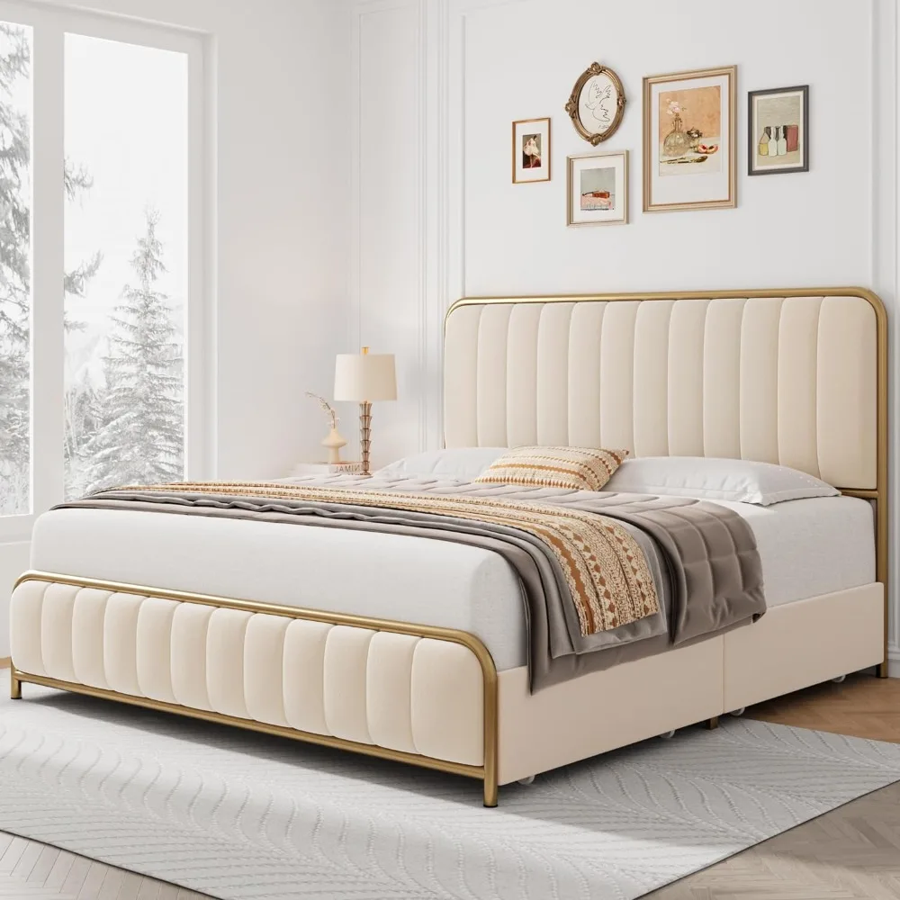 

Full Size Bed Frame with 4 Storage Drawers and with Wooden Slats, Easy Assembly, No Box Spring Needed, Bed Frame