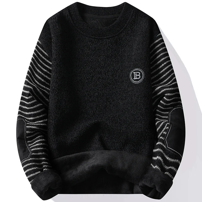 Basic Sweater Men Winter Fleece Lined Round Neck