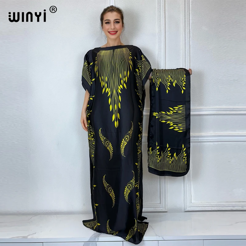 

WINYI 2024 New African Women Dashiki boho print muslim woman dubai Free Size Design With Scarf Maxi Loose African Elegant Dress