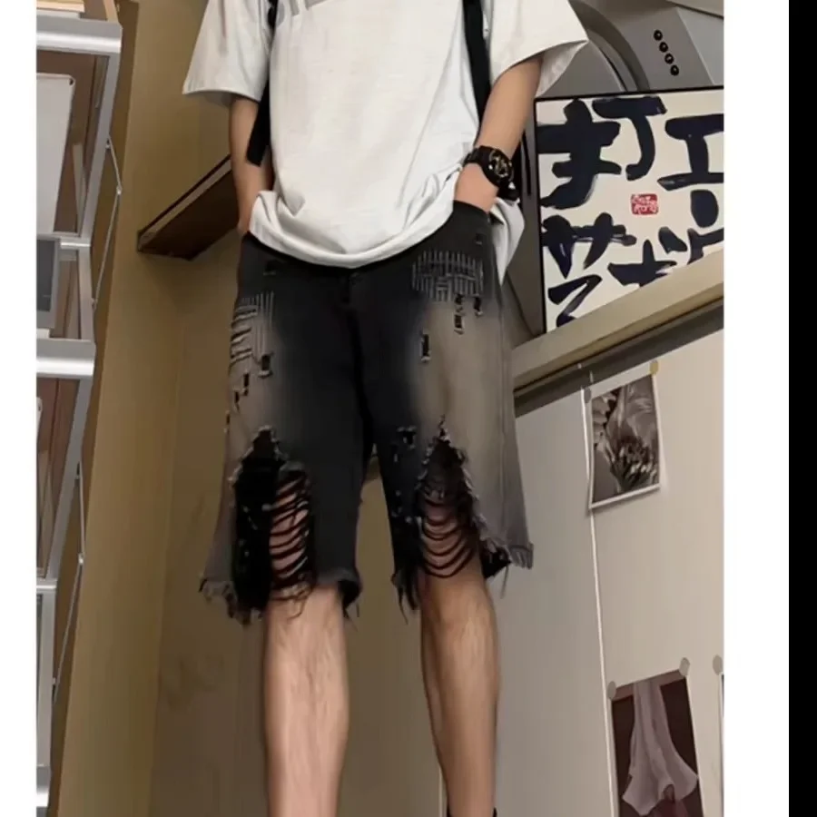 Loose Fit Men's Denim Shorts Summer Thin Style Frayed Hem Trendy Brand Five-Point American High Street Retro Horse Pants