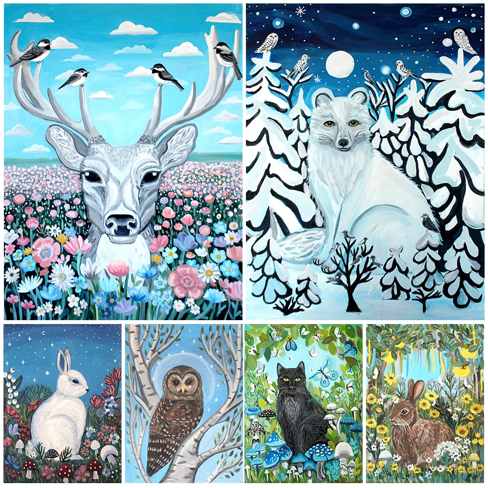 

White Fox,Black Cat,Flower Deer And Magic Owl Art Poster And Print Witch Home Decor Witchy And Magical Wall Art Canvas Painting